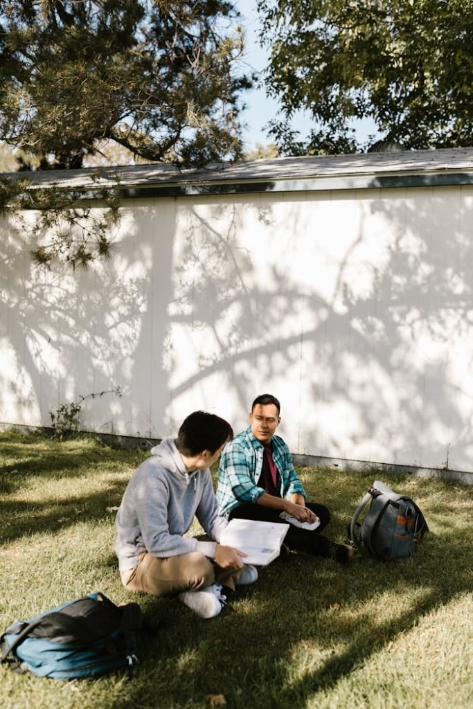 Two young men studying together on a sunny campus lawn, engaged in discussion.